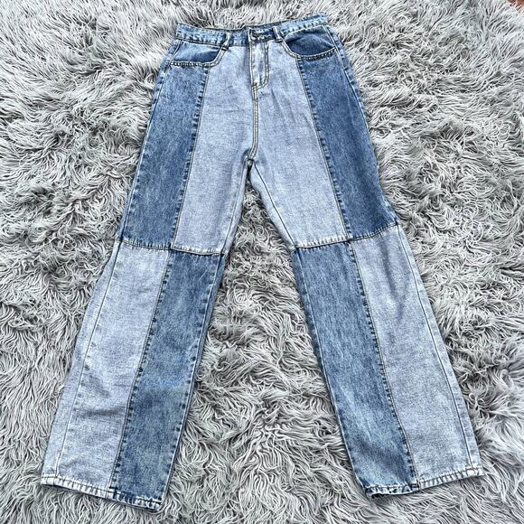 Color Block Straight Leg Denim Jeans Super High Waist Short Cropped Juniors - Picture 1 of 7